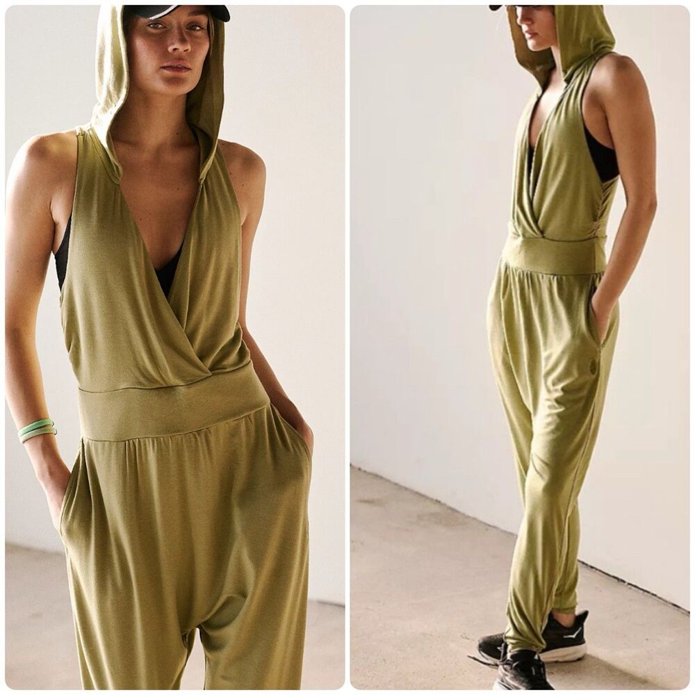 Free People Movement Second Chance One-Piece Olive Green Hooded Jumpsuit sz L